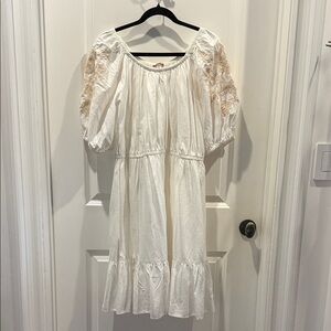 White Peasant Dress with Lace Sleeves Size L